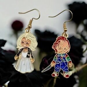 Pair Of Gold Plated‎ Asymmetrical Cartoon Character Earrings Vintage Punk Style